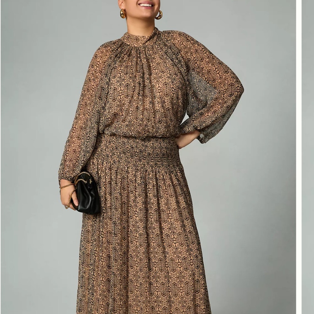 Anthropologie Brown Print Smocked-Waist Maxi Dress